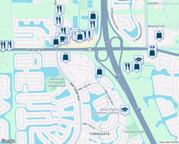 map of restaurants, bars, coffee shops, grocery stores, and more near 15700 Northwest 16th Court in Pembroke Pines