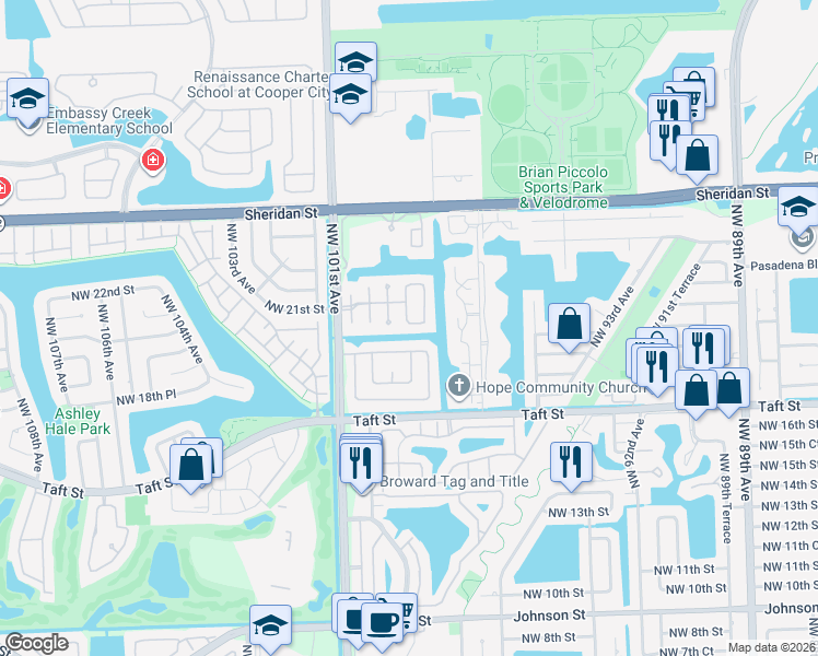 map of restaurants, bars, coffee shops, grocery stores, and more near 2070 Northwest 98th Terrace in Pembroke Pines