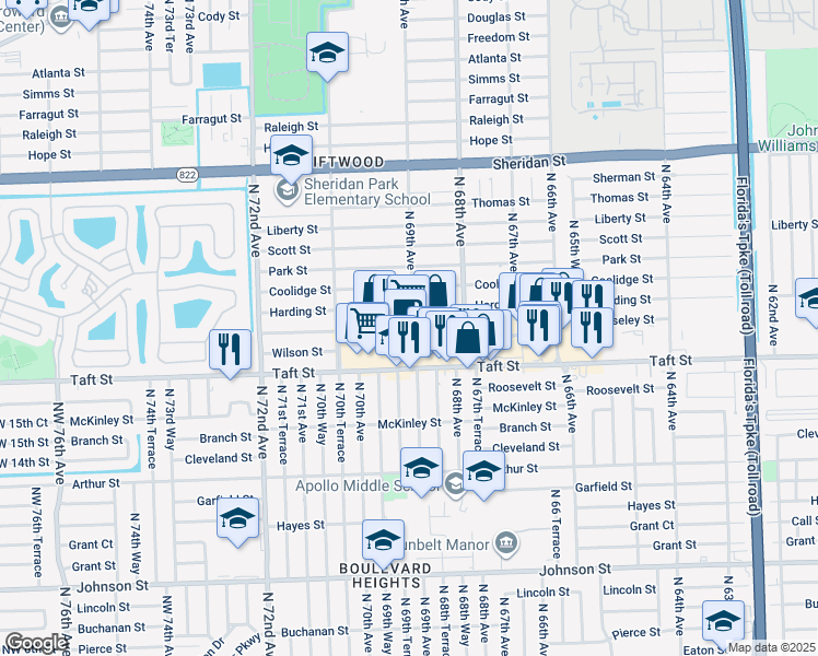 map of restaurants, bars, coffee shops, grocery stores, and more near 6880 Harding Street in Hollywood