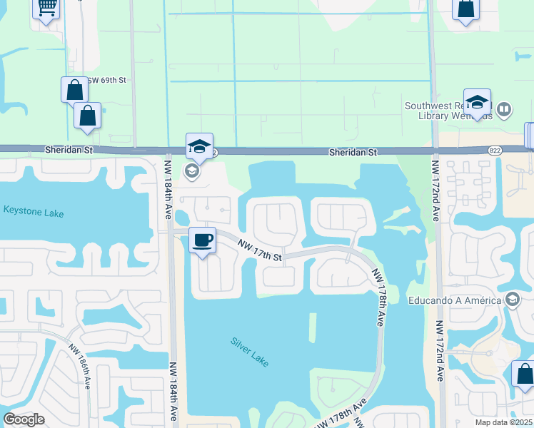 map of restaurants, bars, coffee shops, grocery stores, and more near 18185 Northwest 21st Street in Pembroke Pines