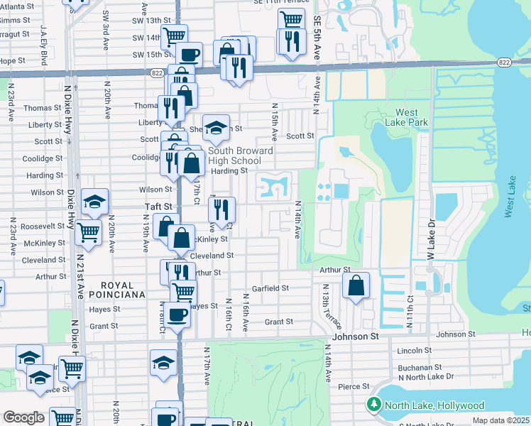 map of restaurants, bars, coffee shops, grocery stores, and more near 1515 South Trafalgar Circle in Hollywood