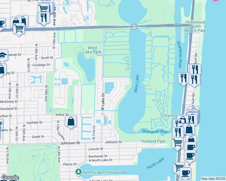 map of restaurants, bars, coffee shops, grocery stores, and more near 1610 Seagrape Way in Hollywood