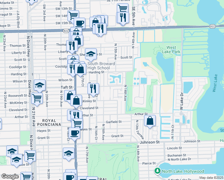 map of restaurants, bars, coffee shops, grocery stores, and more near 1515 South Trafalgar Circle in Hollywood