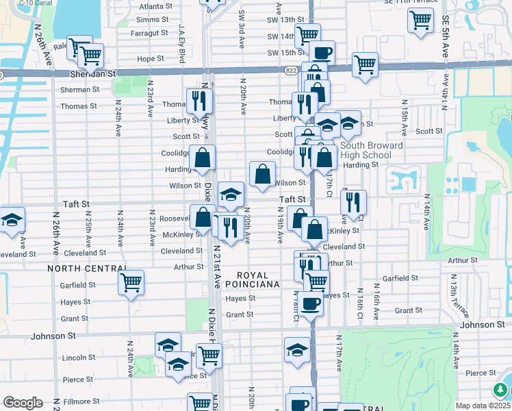 map of restaurants, bars, coffee shops, grocery stores, and more near 1927 Taft Street in Hollywood