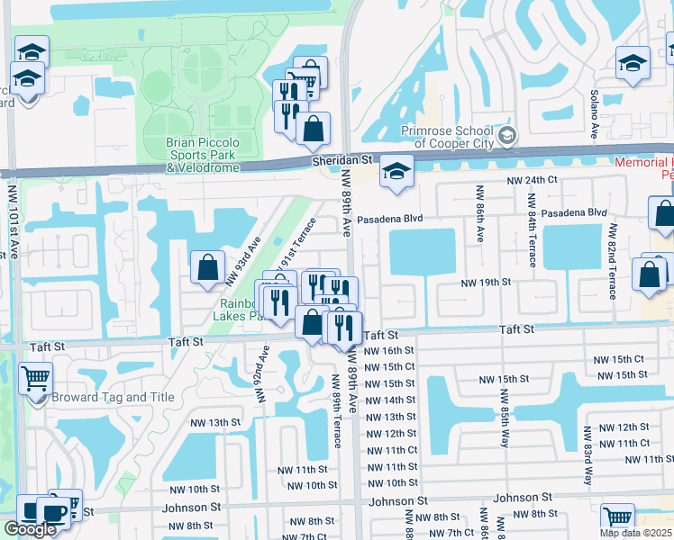 map of restaurants, bars, coffee shops, grocery stores, and more near 8966 Northwest 21st Street in Pembroke Pines