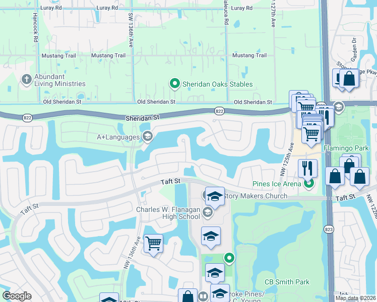 map of restaurants, bars, coffee shops, grocery stores, and more near 1958 Northwest 130th Avenue in Pembroke Pines