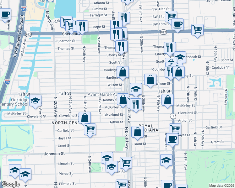 map of restaurants, bars, coffee shops, grocery stores, and more near 2126 Taft Street in Hollywood