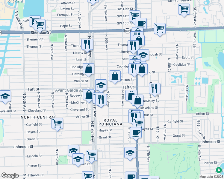 map of restaurants, bars, coffee shops, grocery stores, and more near 1927 Taft Street in Hollywood