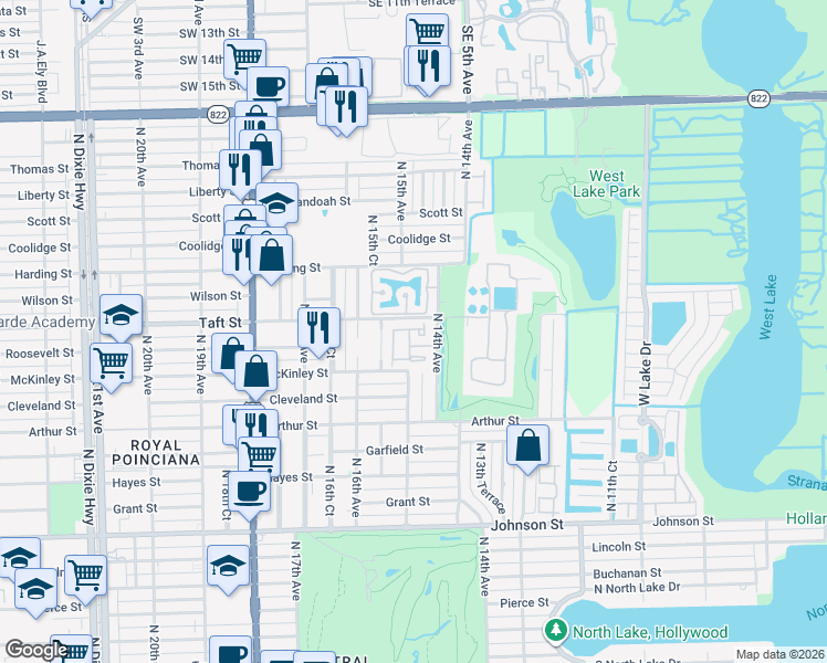 map of restaurants, bars, coffee shops, grocery stores, and more near 1515 South Trafalgar Circle in Hollywood