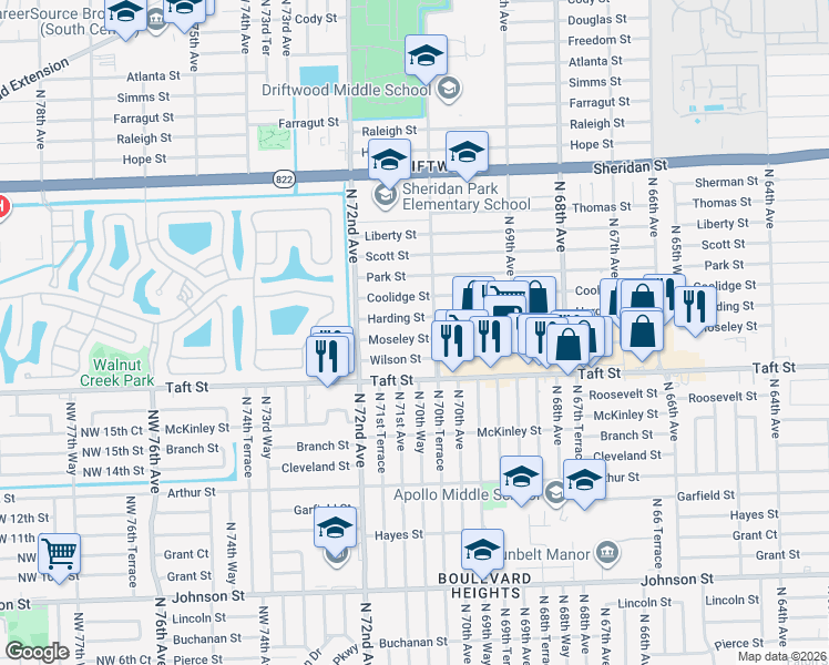 map of restaurants, bars, coffee shops, grocery stores, and more near 7101 Harding Street in Hollywood