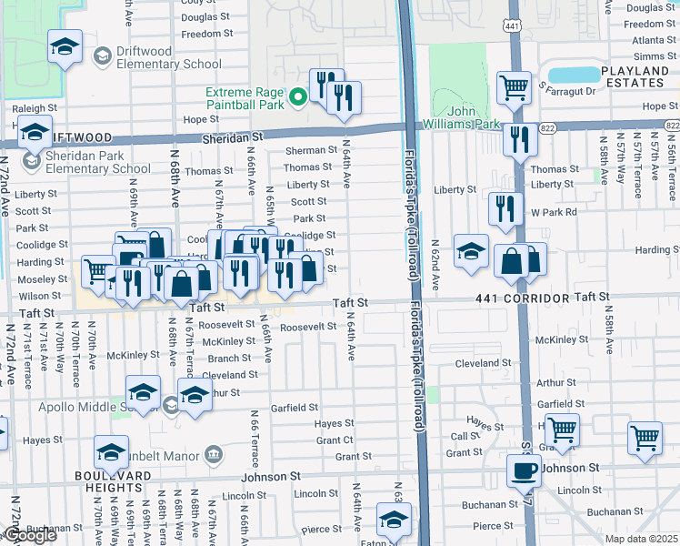 map of restaurants, bars, coffee shops, grocery stores, and more near 1810 North 64th Avenue in Hollywood