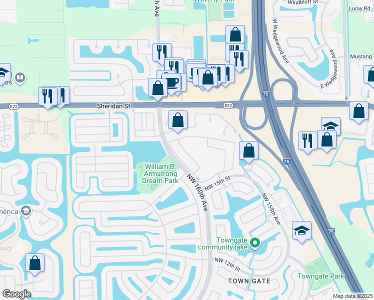 map of restaurants, bars, coffee shops, grocery stores, and more near 1588 Northwest 159th Avenue in Pembroke Pines