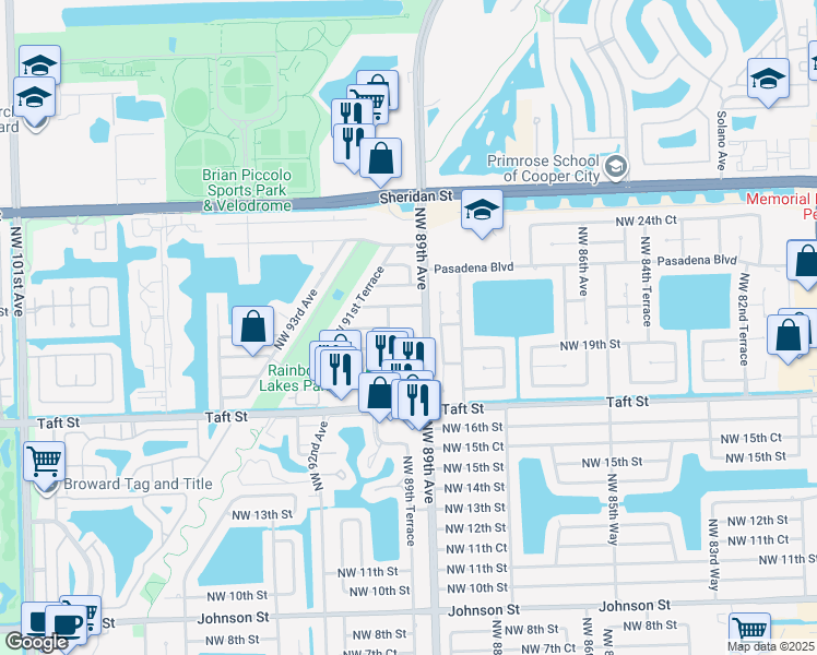 map of restaurants, bars, coffee shops, grocery stores, and more near 8966 Northwest 21st Street in Pembroke Pines