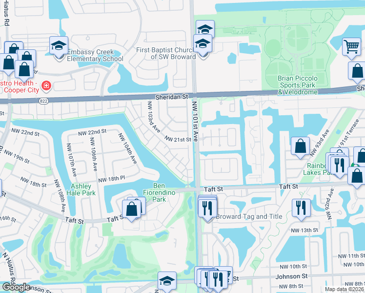 map of restaurants, bars, coffee shops, grocery stores, and more near 10118 Northwest 21st Street in Pembroke Pines