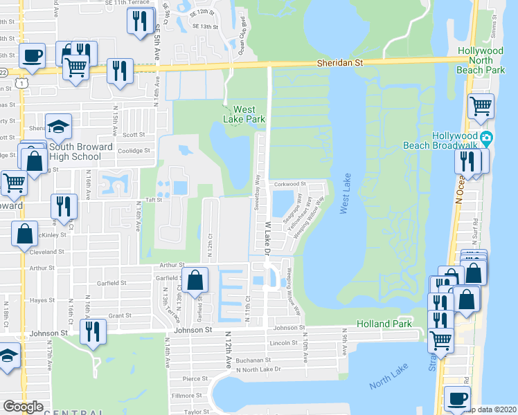 map of restaurants, bars, coffee shops, grocery stores, and more near 1130 Lemonwood Street in Hollywood