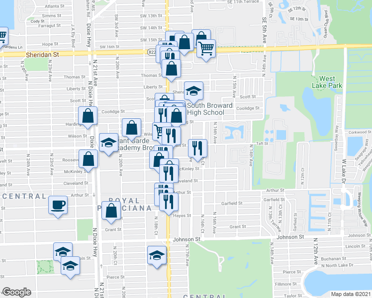 map of restaurants, bars, coffee shops, grocery stores, and more near 1719 Taft Street in Hollywood