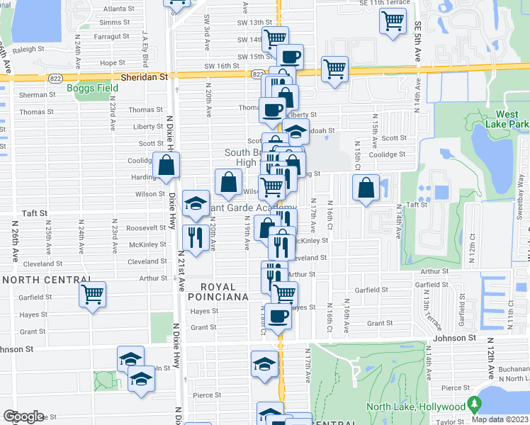 map of restaurants, bars, coffee shops, grocery stores, and more near 1700 North Federal Hwy in Hollywood