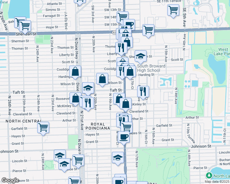 map of restaurants, bars, coffee shops, grocery stores, and more near 1853 Taft Street in Hollywood