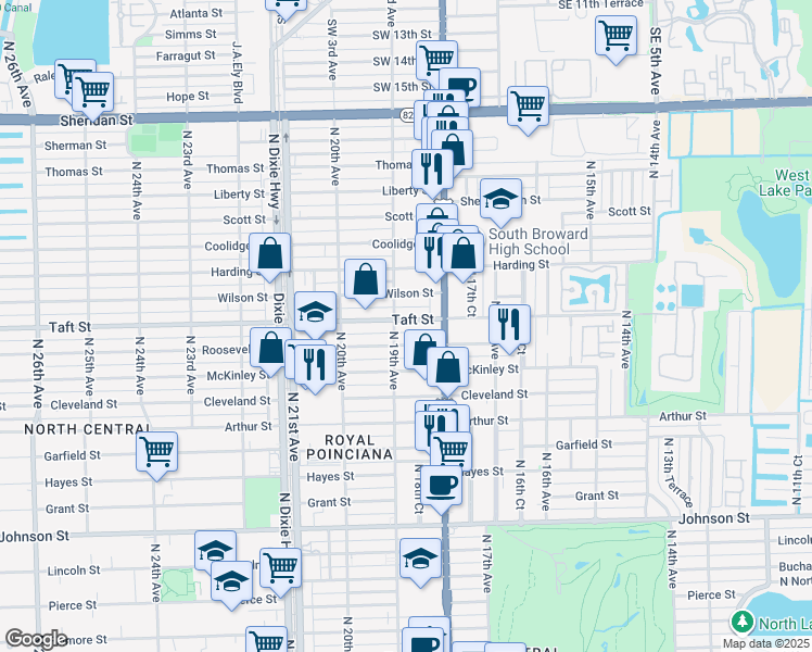 map of restaurants, bars, coffee shops, grocery stores, and more near 1853 Taft Street in Hollywood