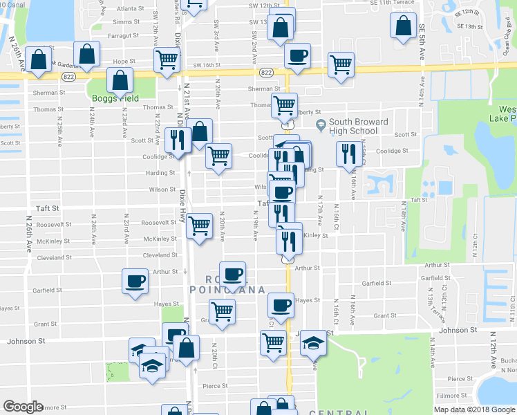 map of restaurants, bars, coffee shops, grocery stores, and more near 1853 Taft Street in Hollywood