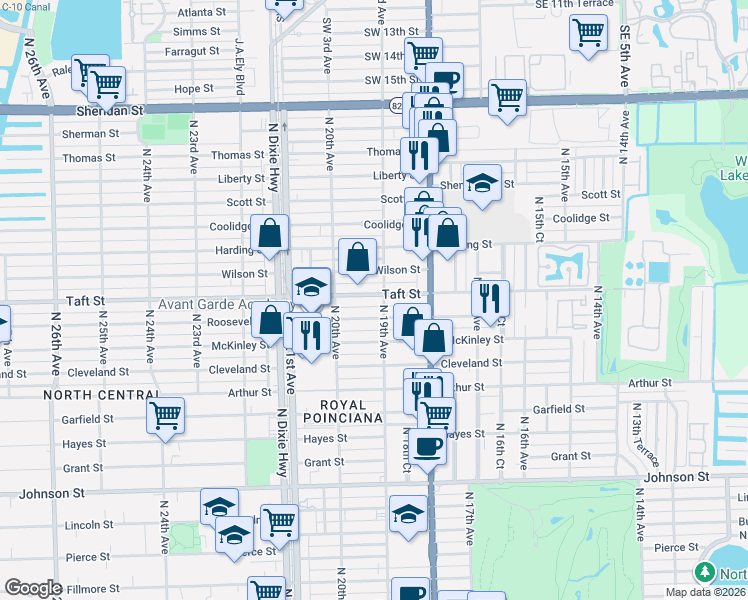 map of restaurants, bars, coffee shops, grocery stores, and more near 1853 Taft Street in Hollywood