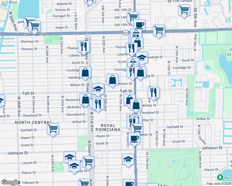 map of restaurants, bars, coffee shops, grocery stores, and more near 1927 Taft Street in Hollywood