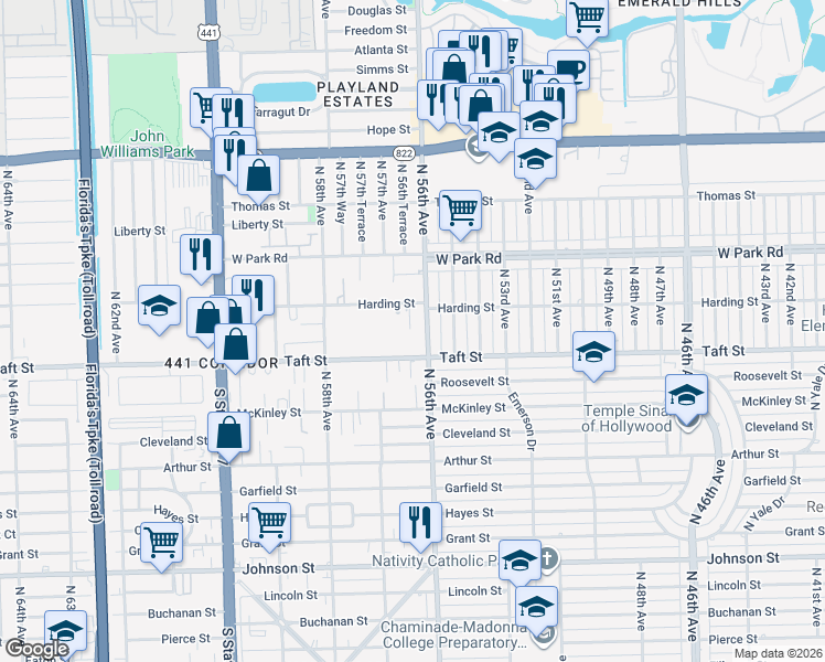 map of restaurants, bars, coffee shops, grocery stores, and more near 1840 North 56th Avenue in Hollywood