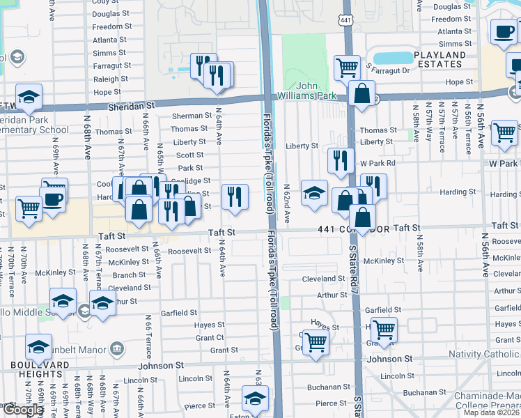 map of restaurants, bars, coffee shops, grocery stores, and more near 6281 Moseley Street in Hollywood