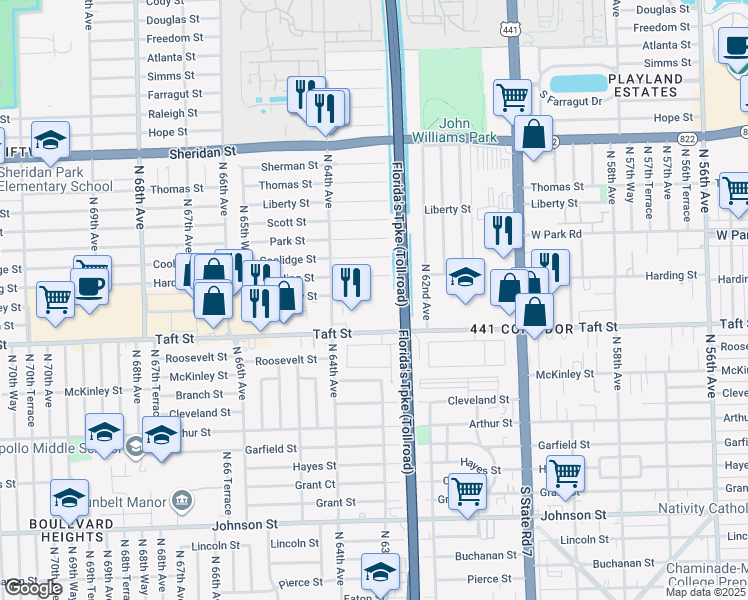 map of restaurants, bars, coffee shops, grocery stores, and more near 6281 Moseley Street in Hollywood