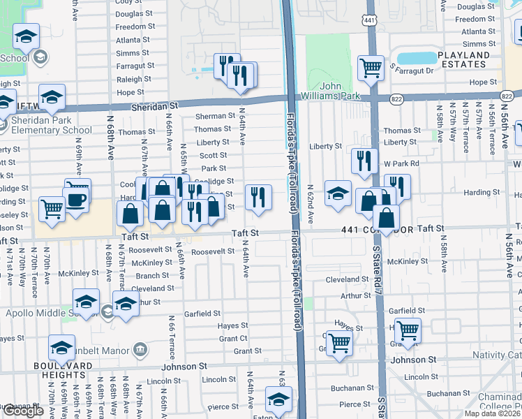 map of restaurants, bars, coffee shops, grocery stores, and more near 6361 Moseley Street in Hollywood