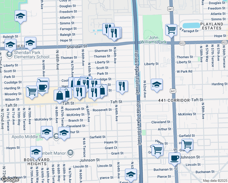 map of restaurants, bars, coffee shops, grocery stores, and more near 6421 Moseley Street in Hollywood