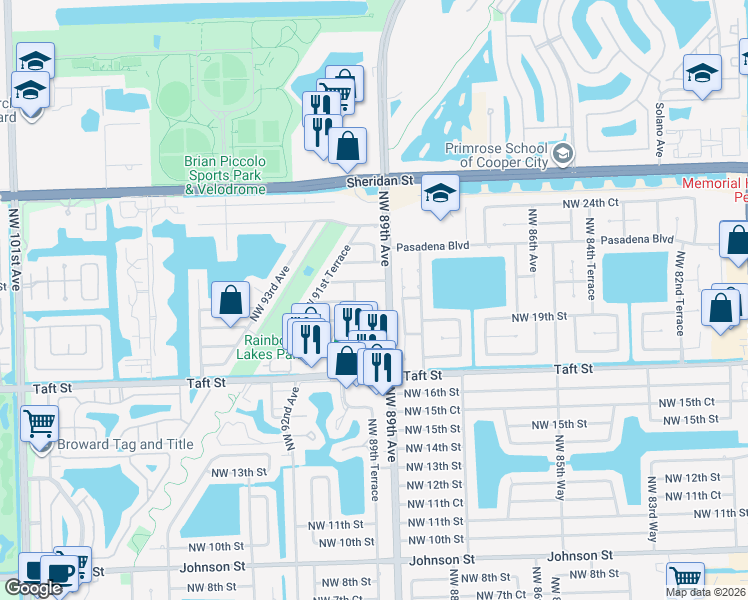 map of restaurants, bars, coffee shops, grocery stores, and more near 8966 Northwest 21st Street in Pembroke Pines