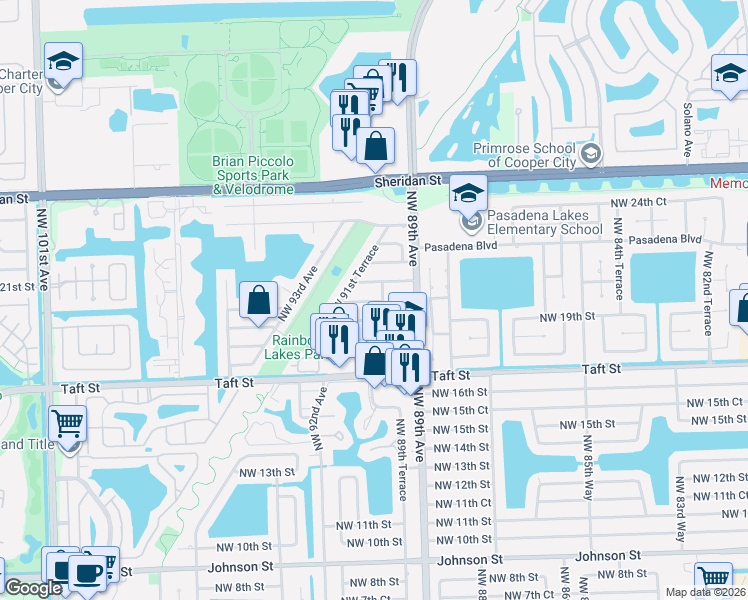 map of restaurants, bars, coffee shops, grocery stores, and more near 9020 Northwest 21st Street in Pembroke Pines