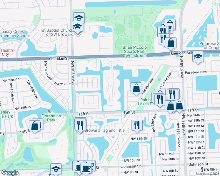 map of restaurants, bars, coffee shops, grocery stores, and more near 2110 Bayberry Drive in Pembroke Pines