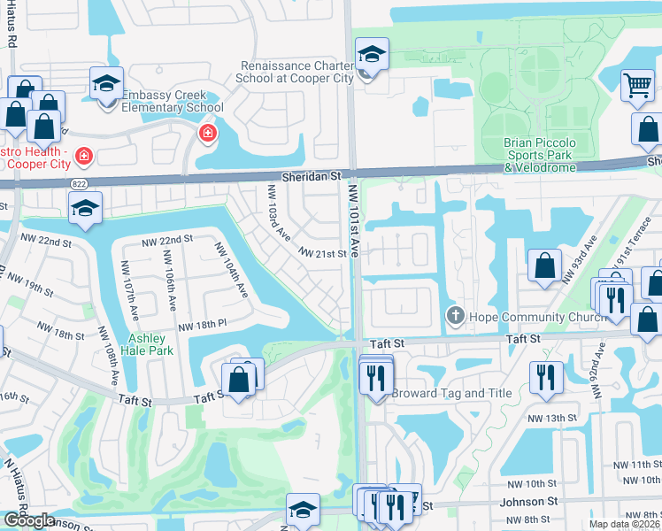 map of restaurants, bars, coffee shops, grocery stores, and more near 10118 Northwest 21st Street in Pembroke Pines