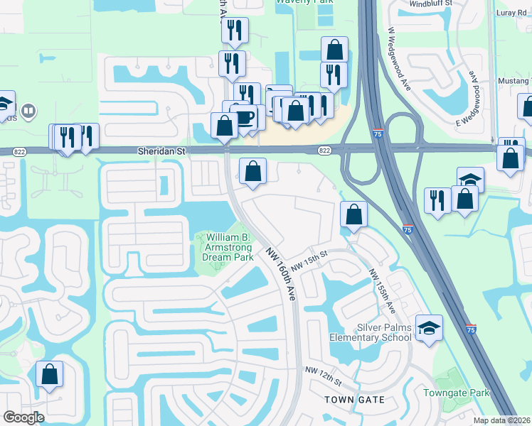 map of restaurants, bars, coffee shops, grocery stores, and more near 1588 Northwest 159th Avenue in Pembroke Pines