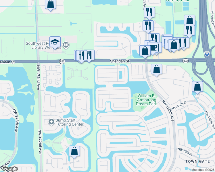 map of restaurants, bars, coffee shops, grocery stores, and more near 16432 Northwest 21st Street in Pembroke Pines