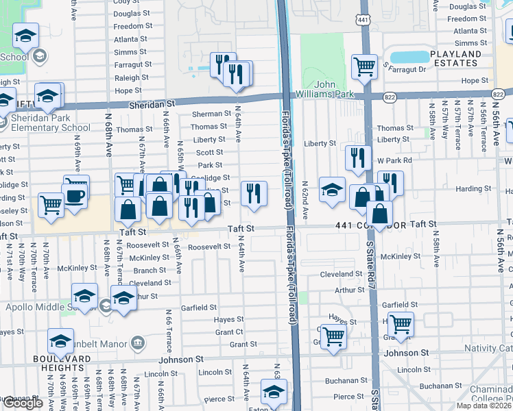 map of restaurants, bars, coffee shops, grocery stores, and more near 6361 Moseley Street in Hollywood