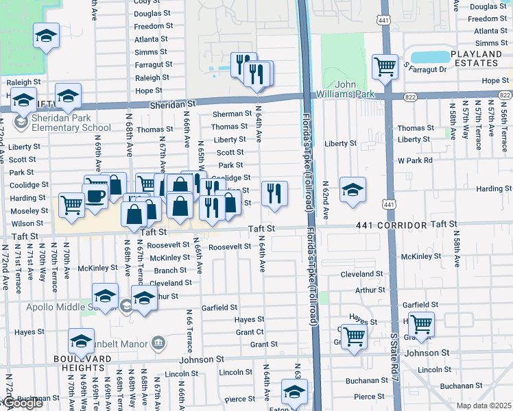 map of restaurants, bars, coffee shops, grocery stores, and more near 1810 North 64th Avenue in Hollywood