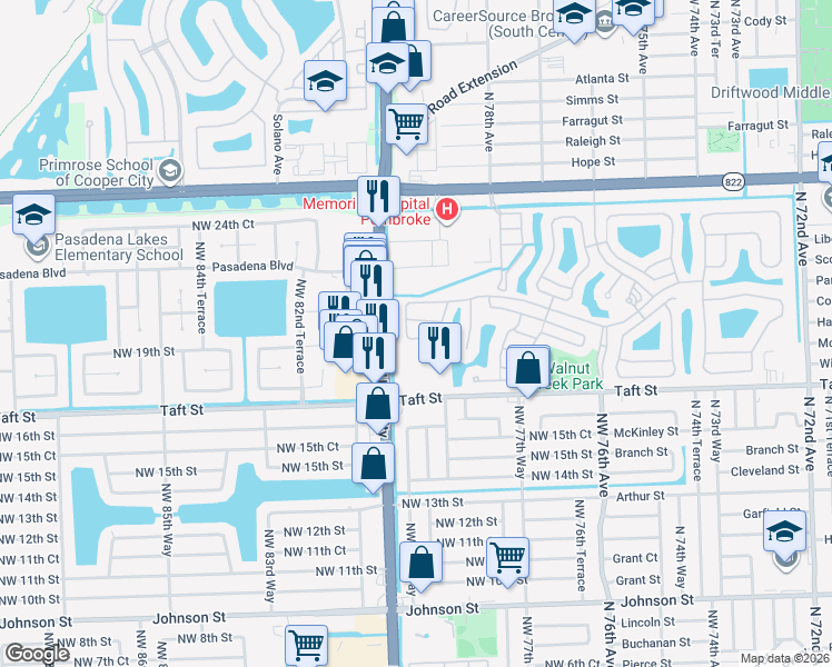 map of restaurants, bars, coffee shops, grocery stores, and more near 7967 Northwest 19th Court in Pembroke Pines