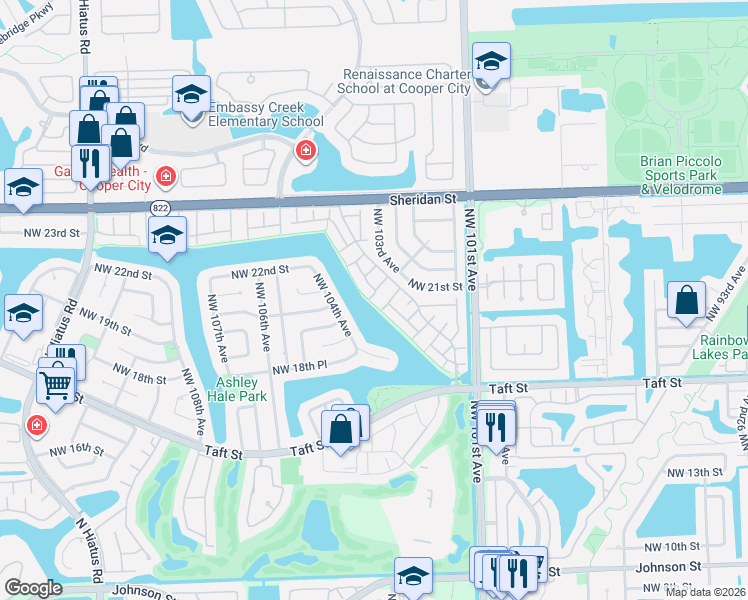 map of restaurants, bars, coffee shops, grocery stores, and more near 10350 Orange Court in Pembroke Pines