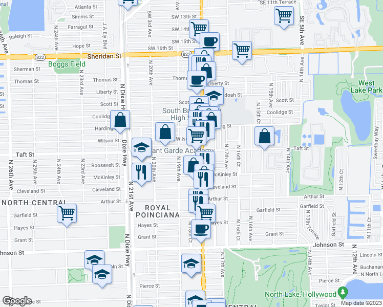 map of restaurants, bars, coffee shops, grocery stores, and more near 1820 Taft Street in Hollywood