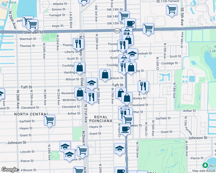 map of restaurants, bars, coffee shops, grocery stores, and more near 1927 Taft Street in Hollywood