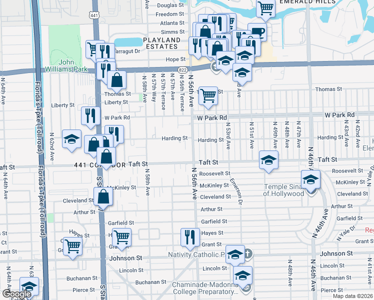 map of restaurants, bars, coffee shops, grocery stores, and more near 1840 North 56th Avenue in Hollywood