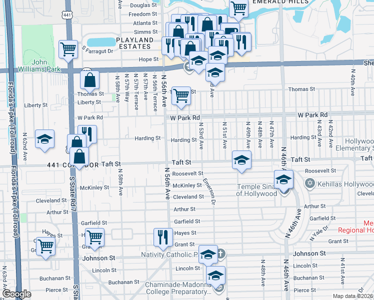 map of restaurants, bars, coffee shops, grocery stores, and more near 1800 North 54th Avenue in Hollywood
