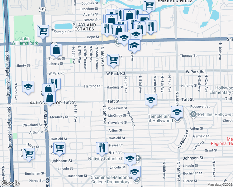 map of restaurants, bars, coffee shops, grocery stores, and more near 1800 North 54th Avenue in Hollywood