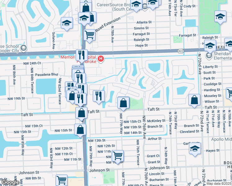 map of restaurants, bars, coffee shops, grocery stores, and more near 7830 Northwest 19th Court in Pembroke Pines