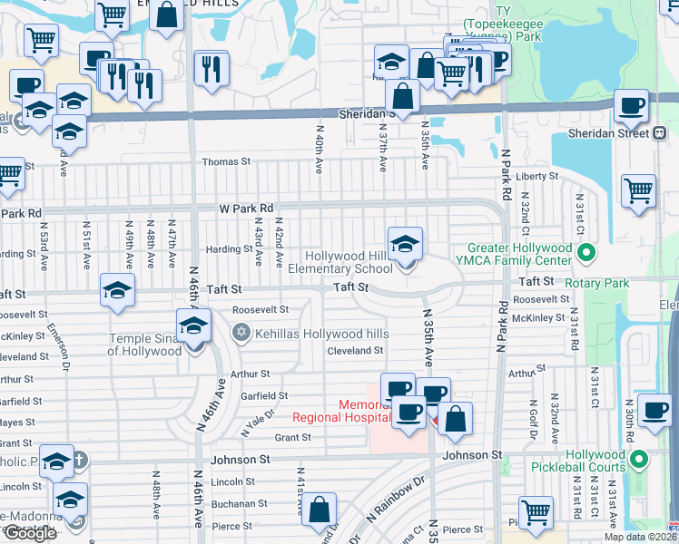 map of restaurants, bars, coffee shops, grocery stores, and more near 3801 North Longfellow Circle in Hollywood