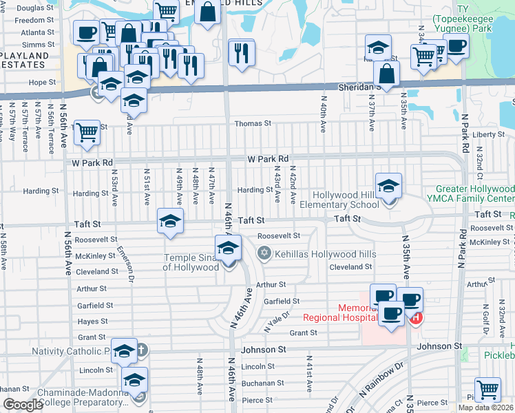 map of restaurants, bars, coffee shops, grocery stores, and more near 1800 North 45th Avenue in Hollywood