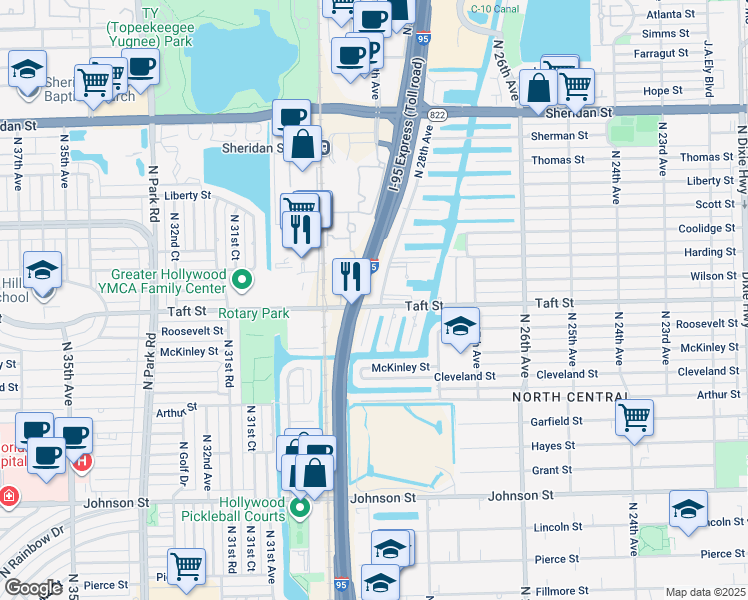 map of restaurants, bars, coffee shops, grocery stores, and more near 1702 North 28th Avenue in Hollywood